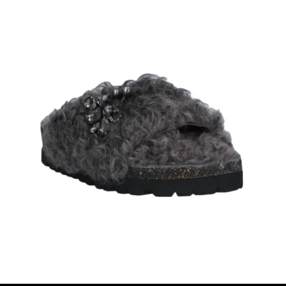 Movie's Shearling Rhinestone Brooch Flat Cozy Sandals Gray Size 8 - Picture 2 of 8